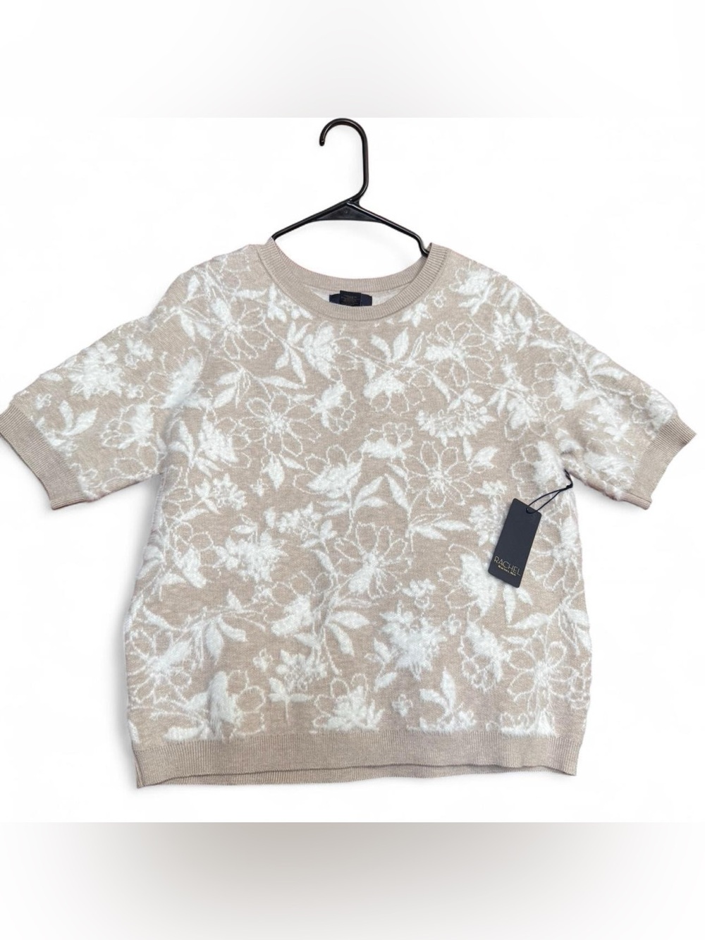 Floral Fuzzy Knit Short Sleeve Sweater Top Beige Cream Rachel Roy L NWT